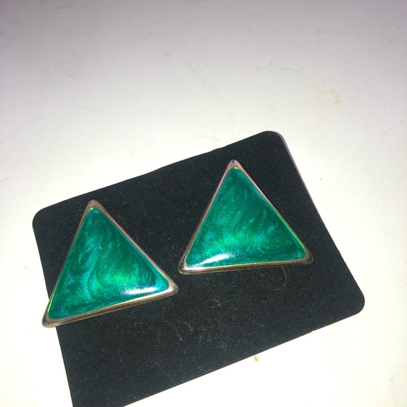 Vibrant Green and Silver Triangle Earrings - Picture 4 of 4
